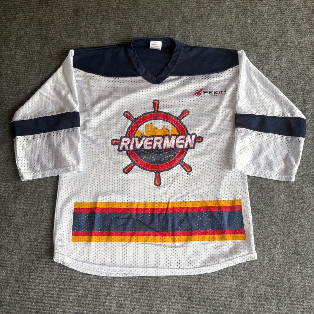 Mark Antony Peoria Rivermen Kids Hockey Jersey White Navy Blue Size L 2673